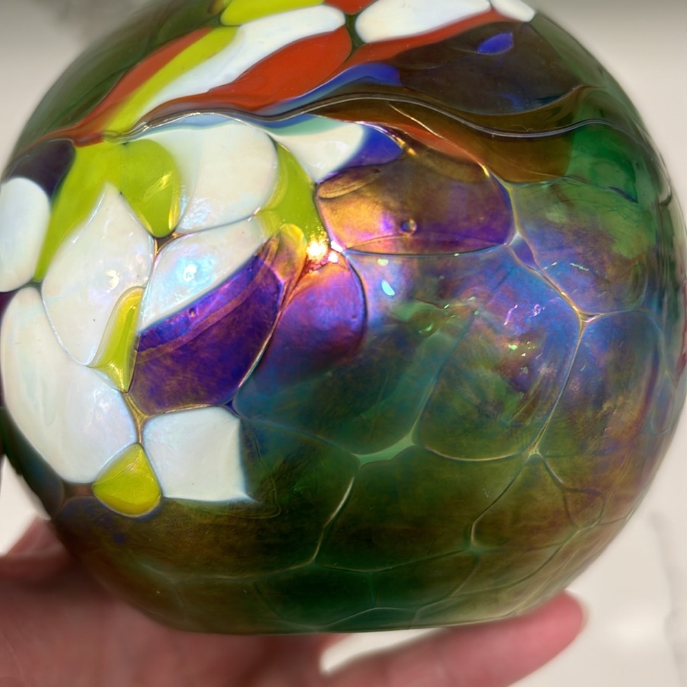 Handblown Iridescent Mosaic Art Glass Oil Lamp With Brass Top - Picture 9 of 14